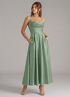 Azazie Shaude Jurken voor bruidsmeisjes Jurk van Stretch Satijn met A-Lijn Geplooid Matcha image3