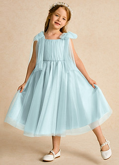 Azazie Dori Robe Demoiselle D'honneur Fillette Robe Trapèze en Tulle Rayé Brume image4
