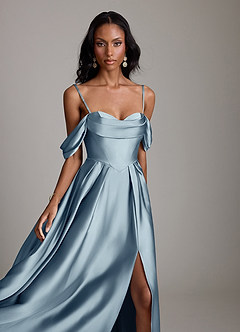 Azazie Loisa Probar vestidos en casa Vestido de Azul Polvoriento de Satén Elástico de Corte en A con Vestidos sin tirantes image3