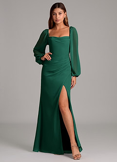 Azazie Brixley Bridesmaid Dresses Emerald Mermaid Long Sleeve Chiffon Dress image6
