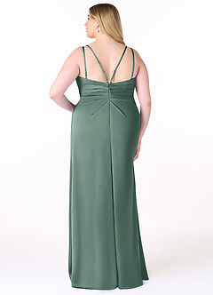 Azazie Aqua Bridesmaid Dresses Eucalyptus A-Line V-Neck Pleated Stretch Satin Dress image9