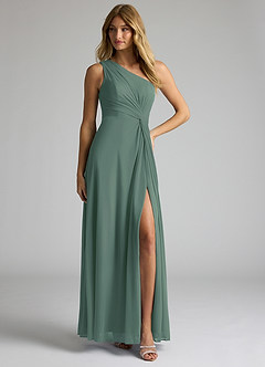 Azazie Brooke Bridesmaid Dresses Eucalyptus A-Line One Shoulder Mesh Dress image3