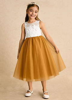 Azazie Lina Flower Girl Dresses Ivory Butterscotch Ball-Gown Lace Dress image2