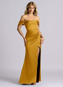 Azazie Auden Bridesmaid Dresses Butterscotch Sheath Off the Shoulder Stretch Satin Convertible Dress image7