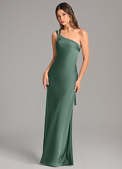 Azazie Monroe Bridesmaid Dresses Eucalyptus Mermaid One Shoulder Stretch Satin Dress image3
