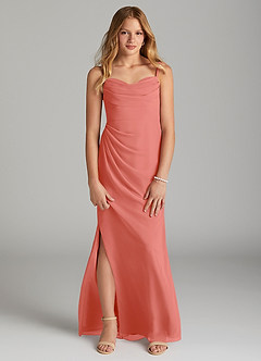 Azazie Mai Junior Salmon Pink Sheath Pleated Chiffon Dress image1