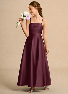 Azazie Pebbles Girls Formal Blumenmädchenkleider A-Linie Plissee Matte Satin Kleid Cabernetrot image4