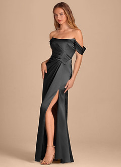 Azazie Shea Robes de demoiselle d'honneur Robe Sirène Convertible en Satiné métallisé Épaule décolletée Noir image3