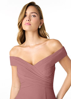 Azazie Lecia Bridesmaid Dresses Desert Rose Empire Off-The-Shoulder Pleated Chiffon Convertible Dress image6