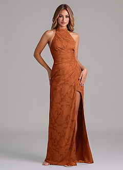 Azazie Jemma Final Sale Burnt Orange Sheath Pleated Floral Burnout Dress image4