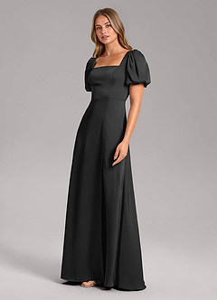 Azazie Fyona Bridesmaid Dresses Black A-Line Pleated Stretch Satin Dress image4