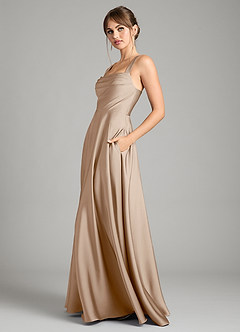 Azazie Shaude Bridesmaid Dresses Taupe A-Line Pleated Stretch Satin Dress image4