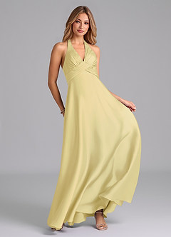 Azazie Tessie Vestidos de damas de honor Vestido de Sorbete De Limón de Satén Elástico de Corte en A con Plisado image4