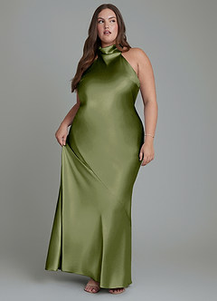 Azazie Velli Vestidos de damas de honor Vestido Oliva de Satén Metálico de Corte Recto con Cuello alto image11