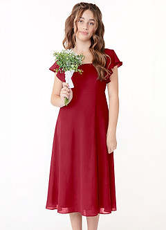 Azazie Bondi Junior Pomegranate A-Line Ruched Chiffon Dress image4