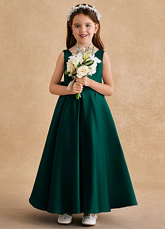 Azazie Honey Bear Flower Girl Dresses Pine A-Line Pleated Matte Satin Dress image3