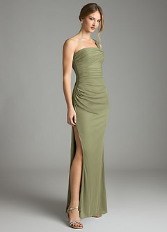 Azazie Tati Final Sale Pistachio Sheath Off the Shoulder Mesh Dress image3