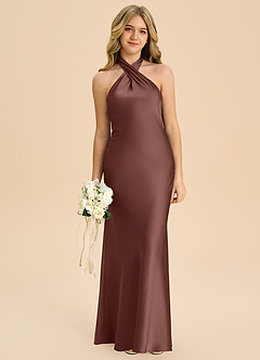 Azazie Chickie Junior Espresso Sheath Pleated Stretch Satin Dress image3