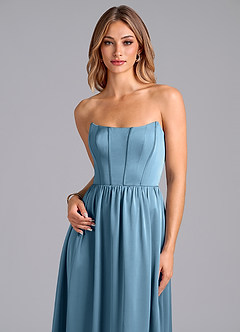 Azazie Leilana Bridesmaid Dresses Steel Blue A-Line Corset Stretch Satin Dress image6