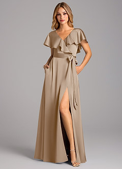 Azazie Lainey Robes de demoiselle d'honneur Robe Trapèze en Satin extensible avec poches Taupe image4