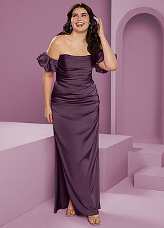 Barbie ♥ Azazie Jurken voor bruidsmeisjes Converteerbaar Jurk van Stretch Satijn met Kolom Off the Shoulder Pruim image12
