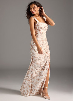 Azazie Jesaphine Robes de demoiselle d'honneur Robe Fourreau en Mousseline de soie Arc Fougère Rose Florale image3