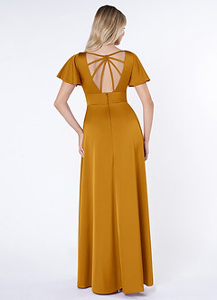 Azazie Lani Bridesmaid Dresses Butterscotch A-Line Flounce Sleeve Stretch Satin Dress image2