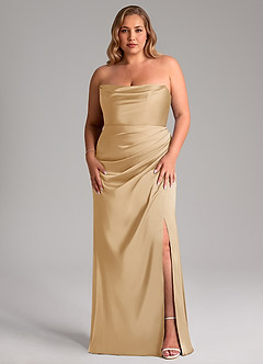 Azazie Leonis Bridesmaid Dresses Gold Mermaid Pleated Stretch Satin Convertible Dress image9