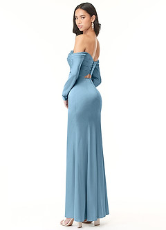 Azazie Hallie Vestidos de damas de honor Vestido de Azul Acero de Satén Elástico de Corte Recto Convertible con Manga larga con hombros descubiertos image6