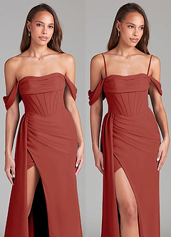 Azazie Amyra Bridesmaid Dresses Terracotta Sheath Off the Shoulder Chiffon Convertible Dress image9