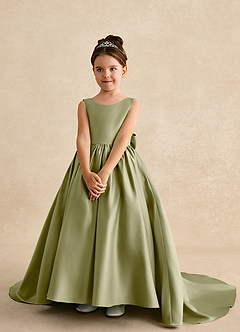 Azazie Mimia vestidos de niña de las flores Vestido de Musgo Verde de Satin Mate de Corte En A con Lazo image3