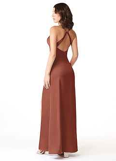 Azazie Geanna Brautjungfernkleider Etui V-Hals Gefaltet Stretch-Satin Kleid Rotbraun image4