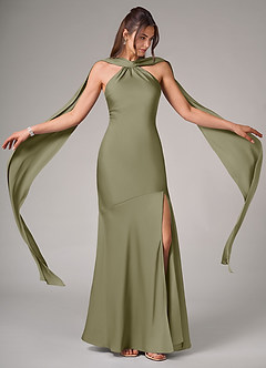 Azazie Kinsley Robes de demoiselle d'honneur Robe Sirène en Satin extensible Fente Latérale Pistache image2