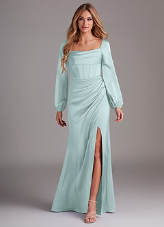 Azazie Charissa Bridesmaid Dresses Sea Glass Sheath Long Sleeve Stretch Satin Dress image1