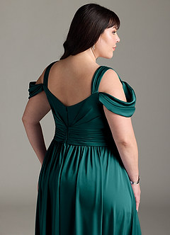 Azazie Lianne Bridesmaid Dresses Peacock A-Line Off the Shoulder Stretch Satin Dress image15