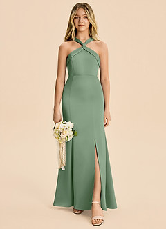 Azazie Rue Junior Robe Sirène en Satin extensible Plissé Matcha image4