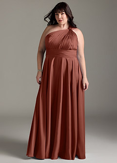 Azazie Charlize Bridesmaid Dresses Auburn A-Line One Shoulder Stretch Satin Dress image13