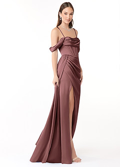 Azazie Amyra Bridesmaid Dresses Vintage Mauve Sheath Off the Shoulder Stretch Satin Convertible Dress image7