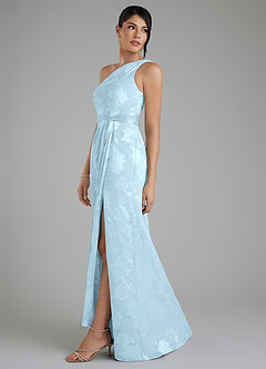 Azazie Apryl Bridesmaid Dresses Sky Blue A-Line One Shoulder Floral Jacquard Burnout Dress image8