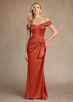 Azazie Laredo Mother of the Bride Dresses Rust Mermaid Off the Shoulder Stretch Satin Dress image3