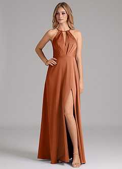 Azazie Evalleen Bridesmaid Dresses Copper A-Line Pleated Stretch Satin Dress image1