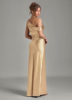 Azazie Emerson Bridesmaid Dresses Champagne Mermaid Off the Shoulder Metallic Satin Dress image6
