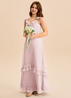 Azazie Tavie Junior Blushing Pink A-Line Ruched Chiffon Dress image4