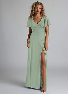 Azazie Induh Bridesmaid Dresses Dusty Sage A-Line Flutter V-neck Mesh Dress image2