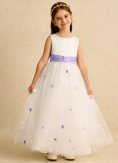 Azazie Cricket Flower Girl Dresses Ivory Lilac Ball-Gown Pleated Matte Satin Dress image1