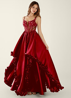 Halley Red V-neck lace Corset A-line Prom Dress image5