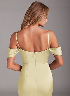 Azazie Saige Bridesmaid Dresses Lemon Sorbet Sheath Off the Shoulder Stretch Satin Dress image8
