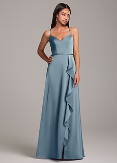 Azazie Naeem At-home Try On Dresses Dusty Blue A-Line Stretch Satin Dress image5