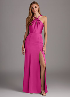 Azazie Elana Bridesmaid Dresses Fuchsia Sheath Side Slit Stretch Satin Dress image1