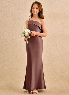 Azazie Almond Girls Formal Robe Demoiselle D'honneur Fillette Robe Fourreau en Satin extensible Une épaule Expresso image3